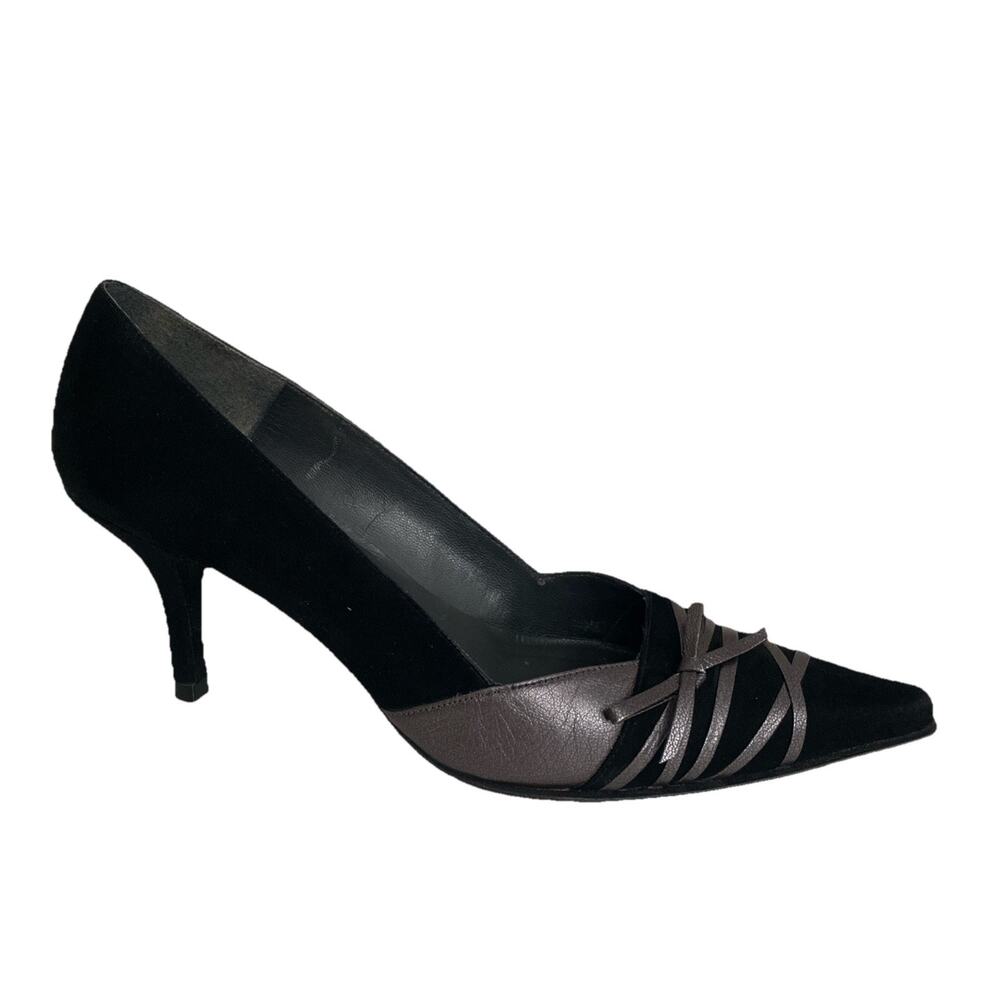 Stuart Weitzman Pump Black Suede Silver Pewter Leather Bow Pointed Toe Lace 7.5 - Picture 1 of 9